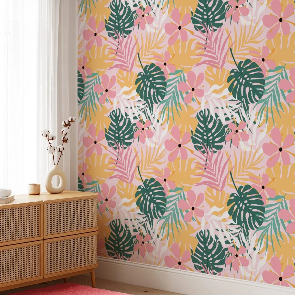 Tropical Pink Green Yellow Monstera Leaves And Flowers Illustration Wallpaper, Tropical Bliss Peel & Stick Wall Mural