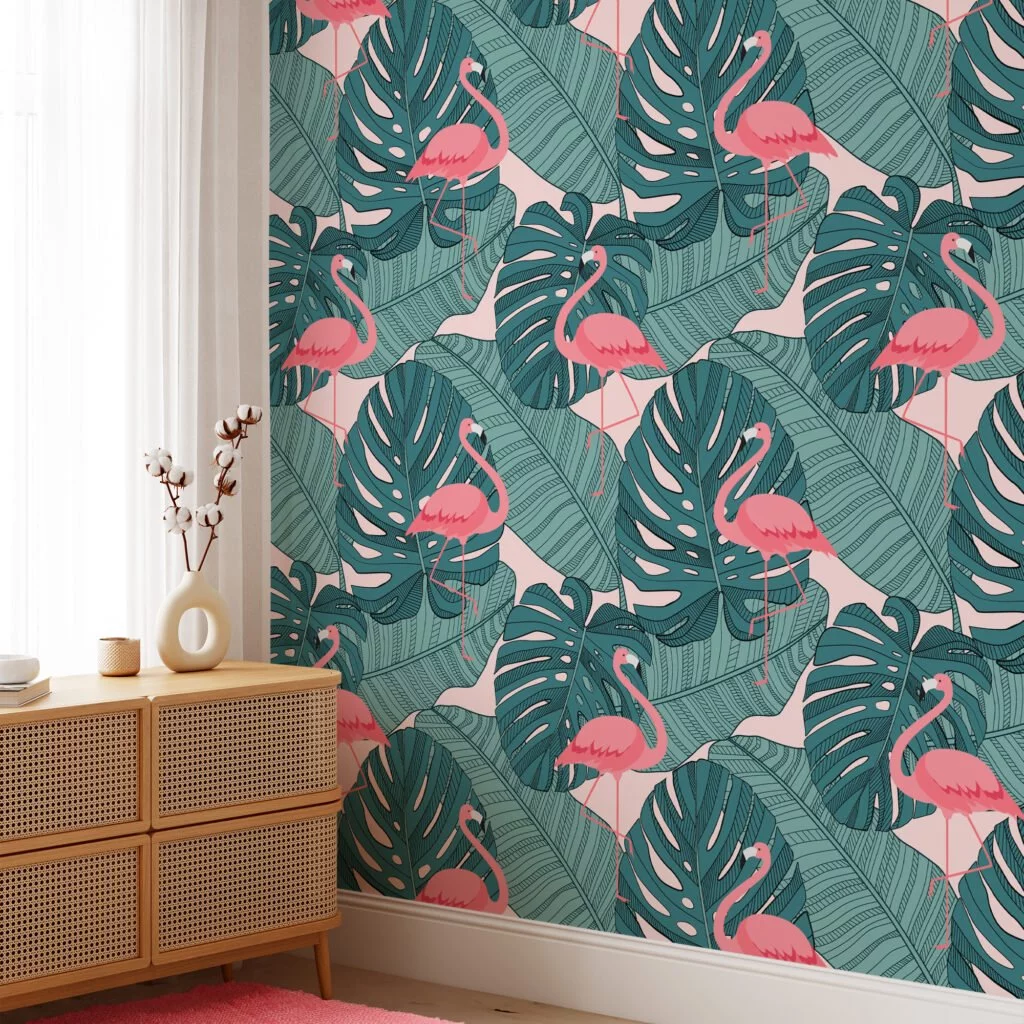 Large Monstera Leaves Line Art With Pink Flamingos Illustration Wallpaper, Chic Flamingo Peel & Stick Wall Mural