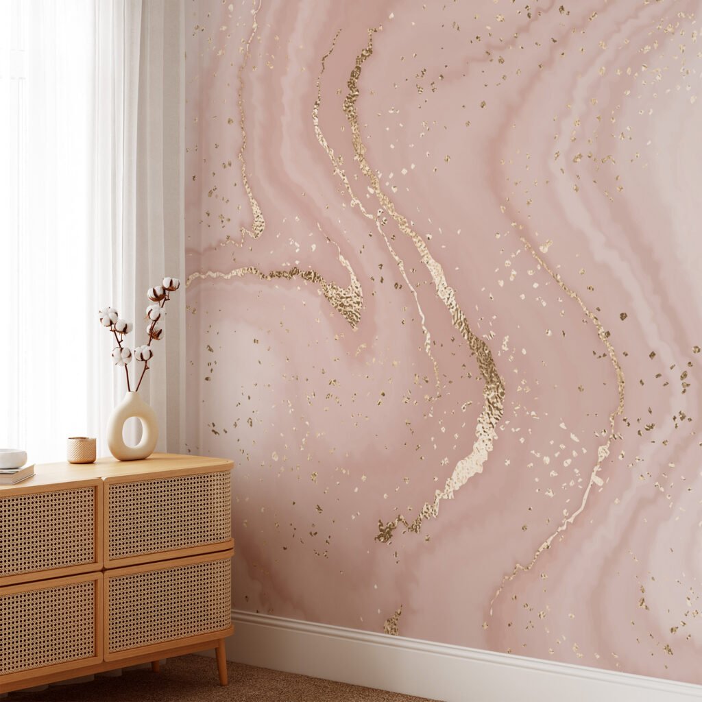 Large Beige Rose Gold Marble Swirls Illustration Wallpaper, Blush Pink Marble Peel & Stick Wall Mural