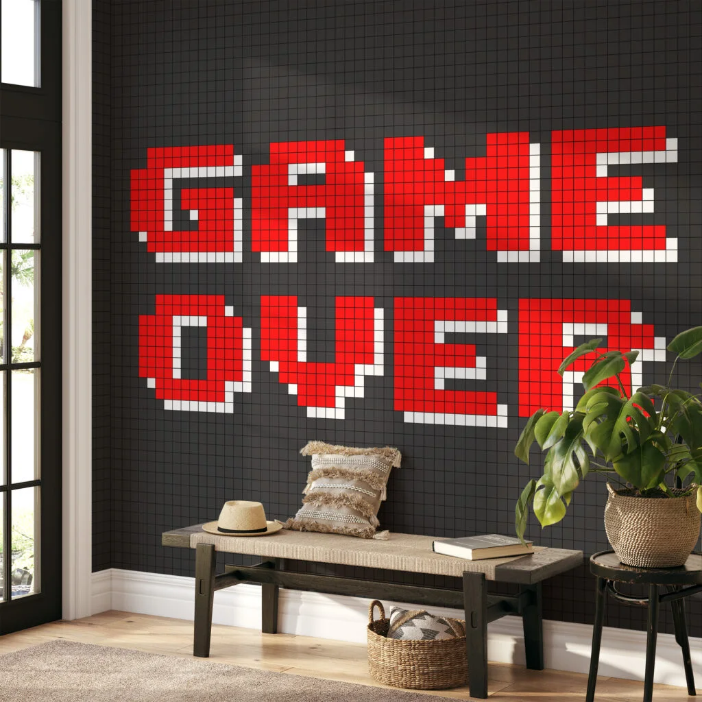 Game Over Video Game Pixel Art Wallpaper, Nostalgic Gamer Wall Decor Peel & Stick Wall Mural