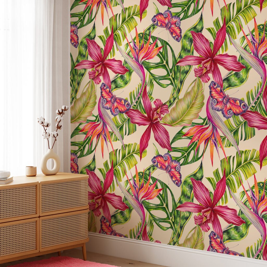 Tropical Colorful Floral Illustration With Butterflies Wallpaper, Exotic Botanical Peel & Stick Wall Mural