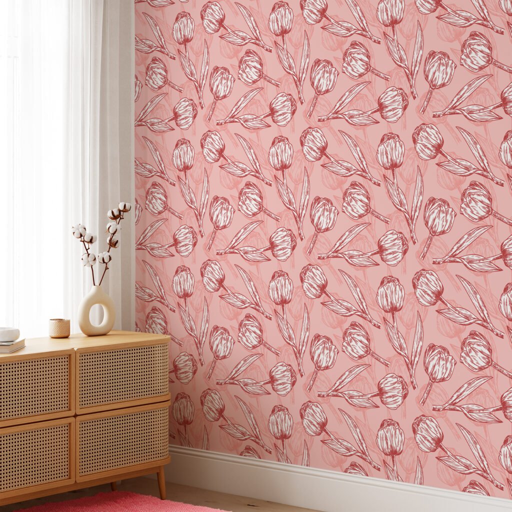 Vintage Floral Line Art Peach Pink Tulips Wallpaper, Delicate Tulip Sketches Peel & Stick Wall Mural