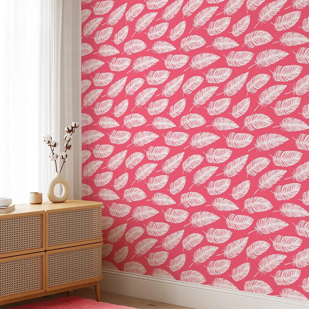 White Feathers Pattern Line Art With A Punch Pink Background Wallpaper, Contemporary Peel & Stick Wall Mural