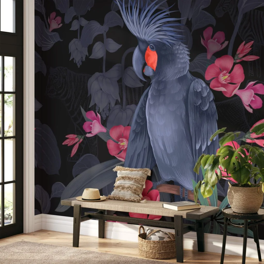 Dark Midnight Blue Large Parrot With Pink Flowers Wallpaper, Elegant Tropical Peel & Stick Wall Mural