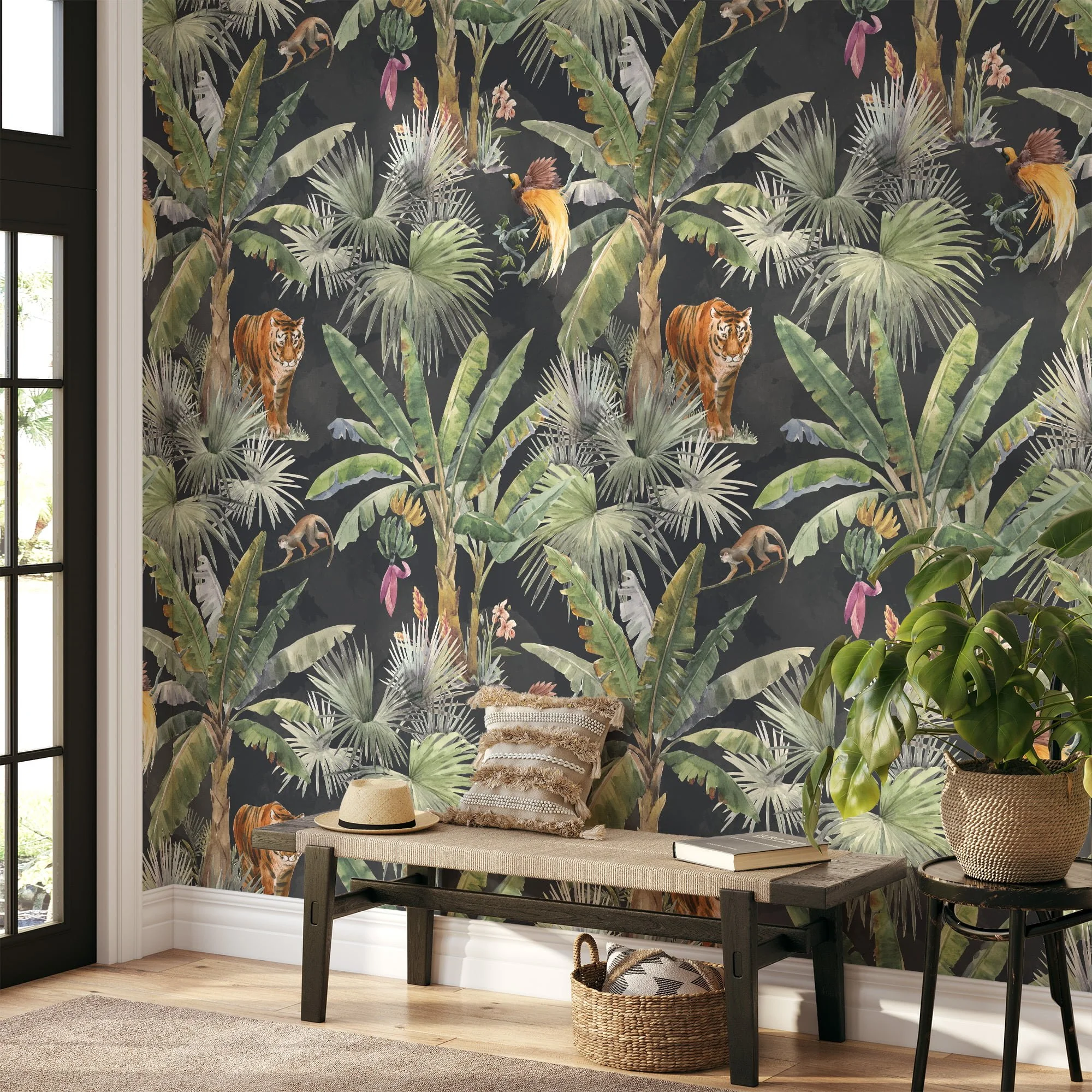 Watercolor Style Tropical Wallpaper With Exotic Animals And A Dark Background, Lush Dark Jungle Peel & Stick Wall Mural