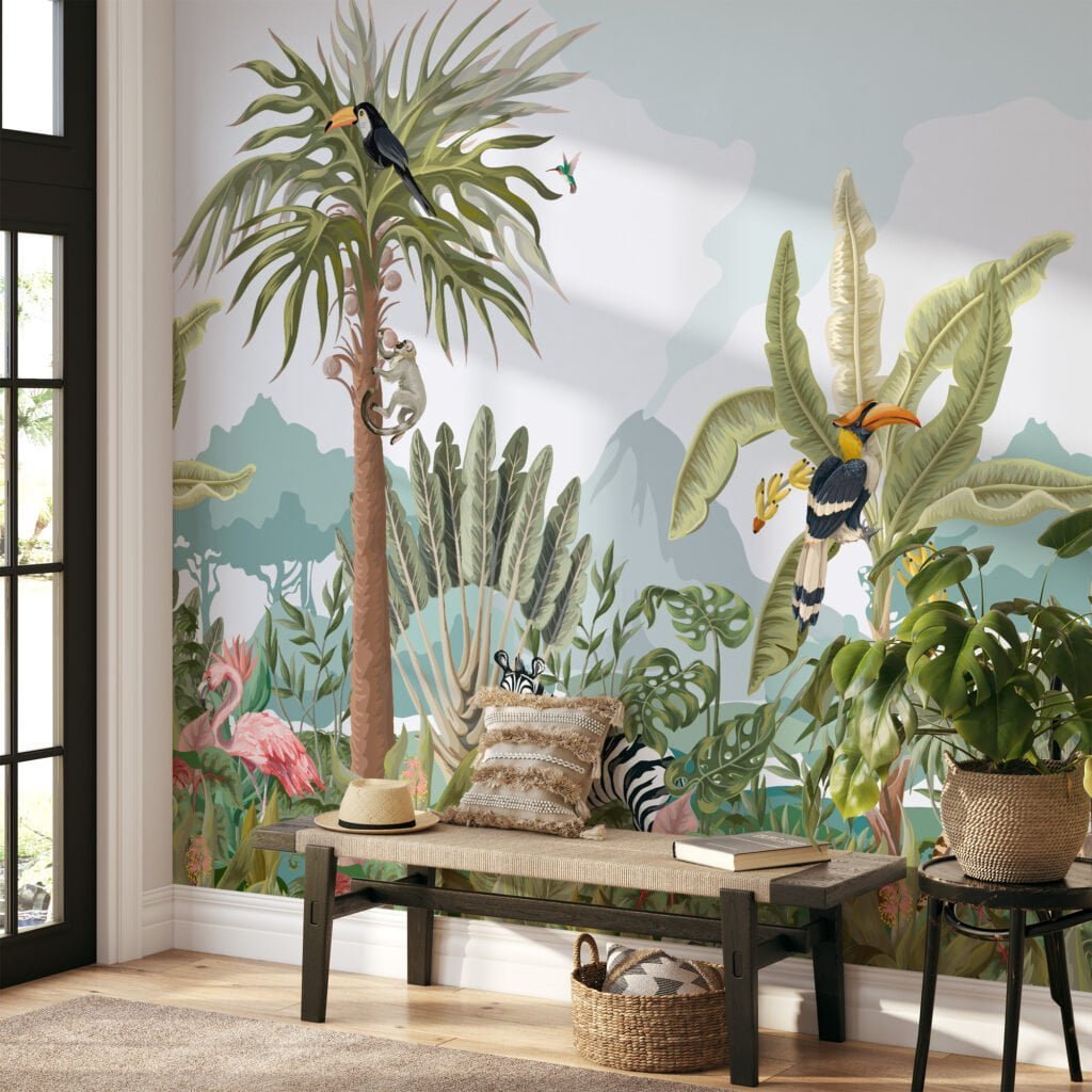 Jungle Illustration With Animals And Large Leaves Wallpaper, Tropical Rainforest Peel & Stick Wall Mural