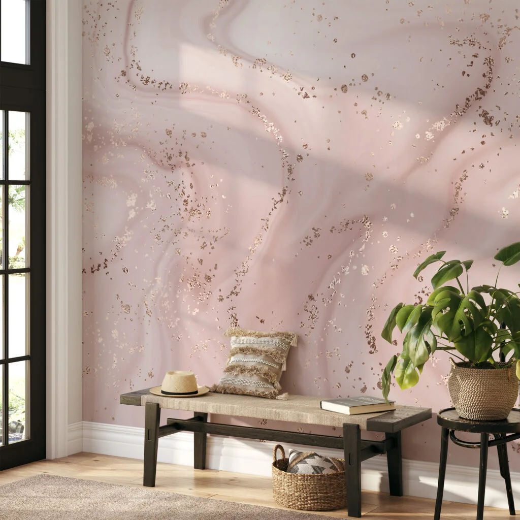 Nude Rose Gold Wavy Marble Effect Wallpaper, Whispering Blush Marble Peel & Stick Wall Mural