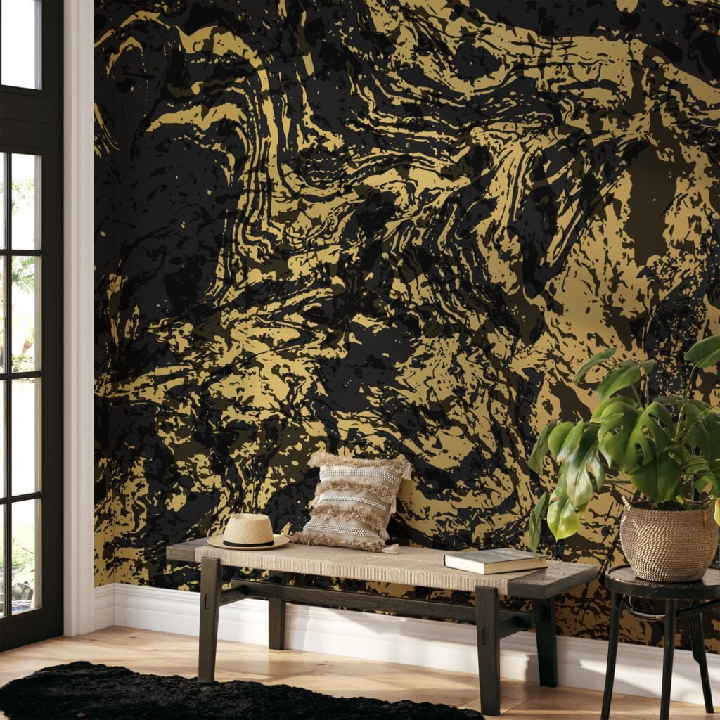 Abstract Gold And Black Marble Swirls Illustration Wallpaper, Striking Marble Effect Peel & Stick Wall Mural