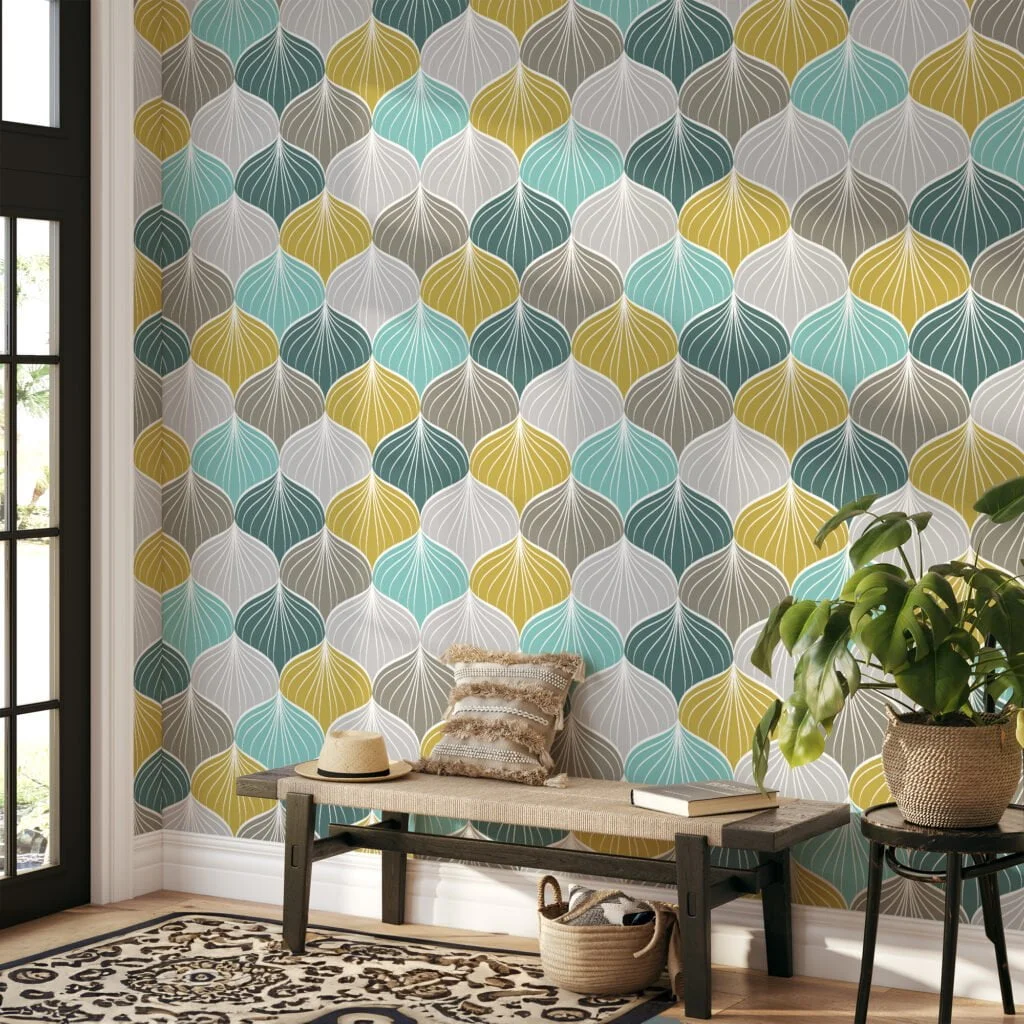 Colorful Abstract Shell Pattern Wallpaper, Modern Geometric Scallop Peel & Stick Wall Mural