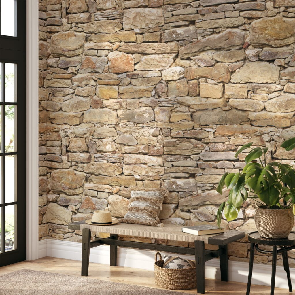 Rock Wall Of Bricks Wallpaper, Authentic Stone Wall Effect Peel & Stick Wall Mural