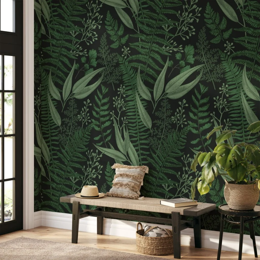 Dark Green Natural Leaves On A Black Background Wallpaper, Mystic Forest Leaves Peel & Stick Wall Mural