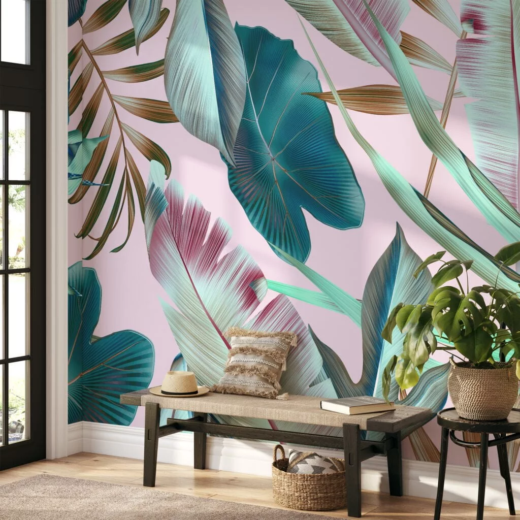 Large Tropical Leaves With A Pastel Pink Background Wallpaper, Tropical Escape Leaves Peel & Stick Wall Mural