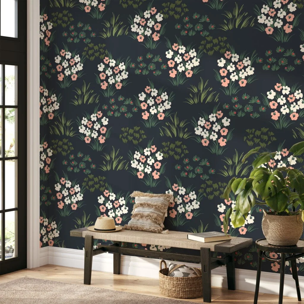 Flat Art Flower Bouquets With A Dark Background Illustration Wallpaper, Midnight Meadow Florals Peel & Stick Wall Mural