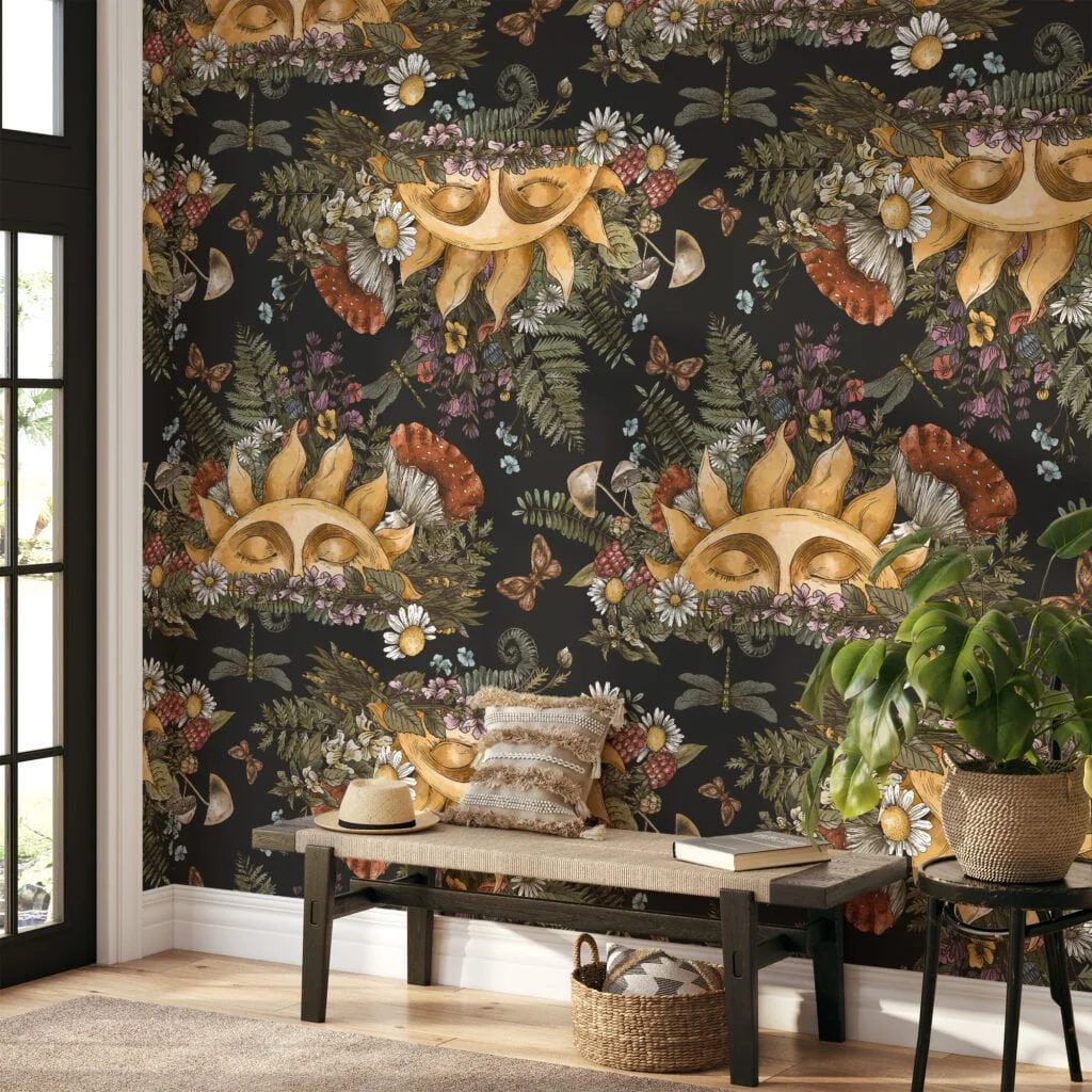 Floral Mystical Sun With Face On A Dark Background, Woodland Creatures & Florals Peel & Stick Wall Mural