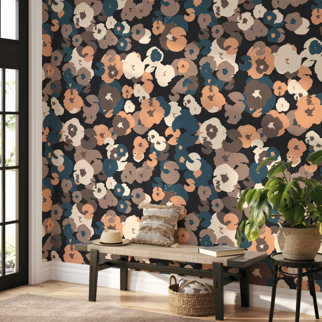 Abstract Floral Shaped Design Wallpaper, Chic Navy & Earth Tones Peel & Stick Wall Mural