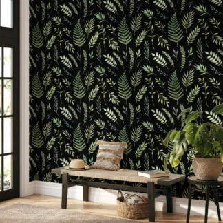 Green Leaves And Branches With A Dark Background Wallpaper, Enchanted Forest Peel & Stick Wall Mural