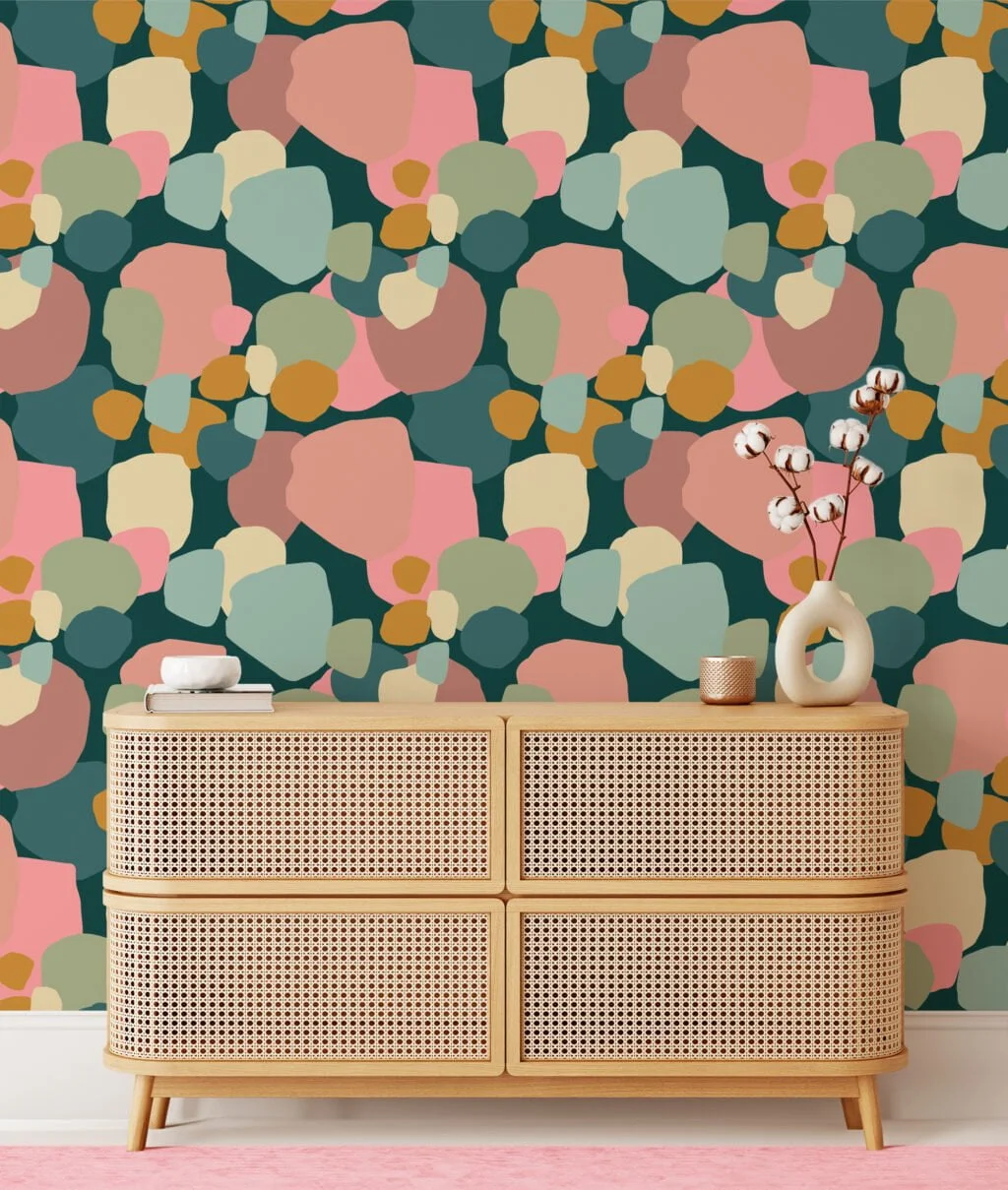 Abstract Exotic Pebbles Illustration Wallpaper, Soft Pastel Geometric Peel & Stick Wall Mural