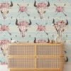 Watercolor Bull Skull With Flowers Illustration Wallpaper, Boho Chic Skull & Floral Peel & Stick Wall Mural