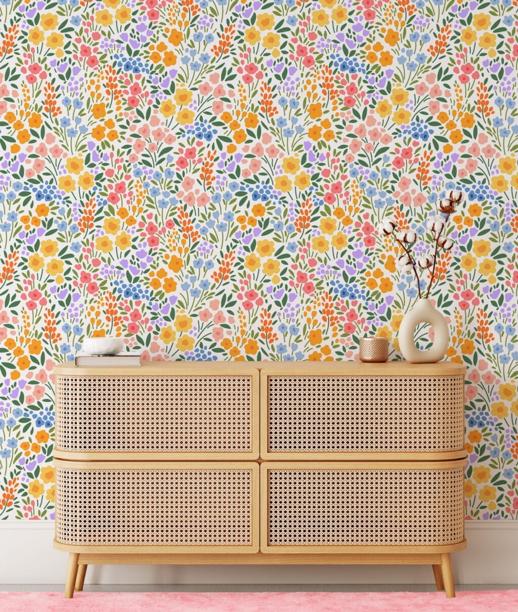 Flat Art Colorful Small Flower Pattern Illustration Wallpaper, Vibrant Floral Garden Peel & Stick Wall Mural
