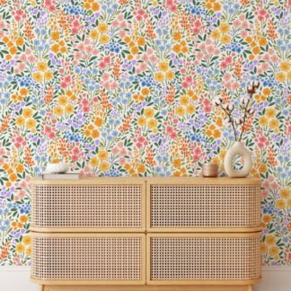 Flat Art Colorful Small Flower Pattern Illustration Wallpaper, Vibrant Floral Garden Peel & Stick Wall Mural