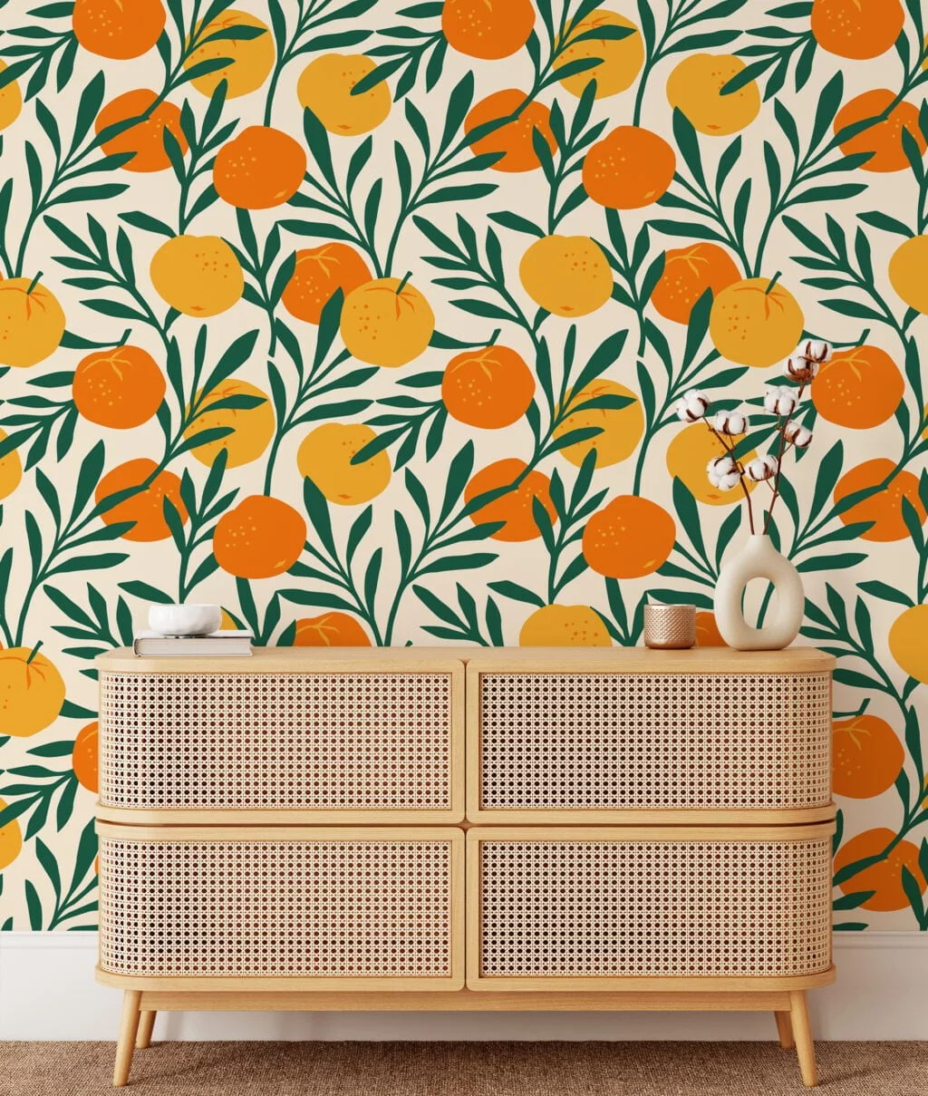 Flat Art Oranges Pattern Illustration Wallpaper, Lively Green Leaves with Citrus Peel & Stick Wall Mural