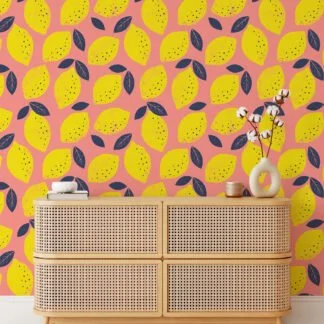 Retro Flat Art Large Lemons With Pink BackGround Wallpaper, Zesty Lemon Spritz Peel & Stick Wall Mural