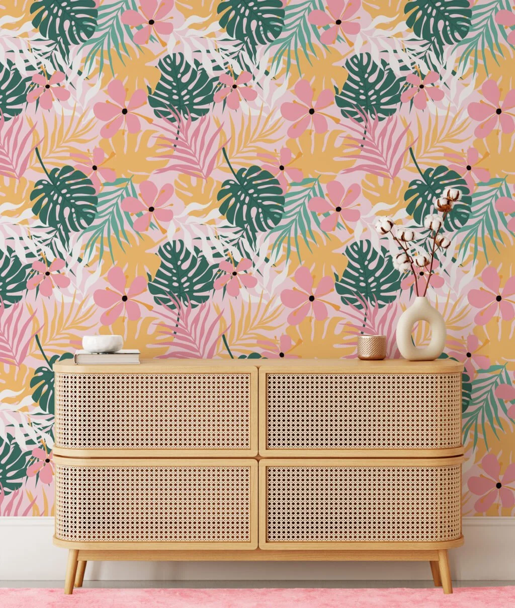 Tropical Pink Green Yellow Monstera Leaves And Flowers Illustration Wallpaper, Tropical Bliss Peel & Stick Wall Mural