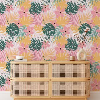 Tropical Pink Green Yellow Monstera Leaves And Flowers Illustration Wallpaper, Tropical Bliss Peel & Stick Wall Mural