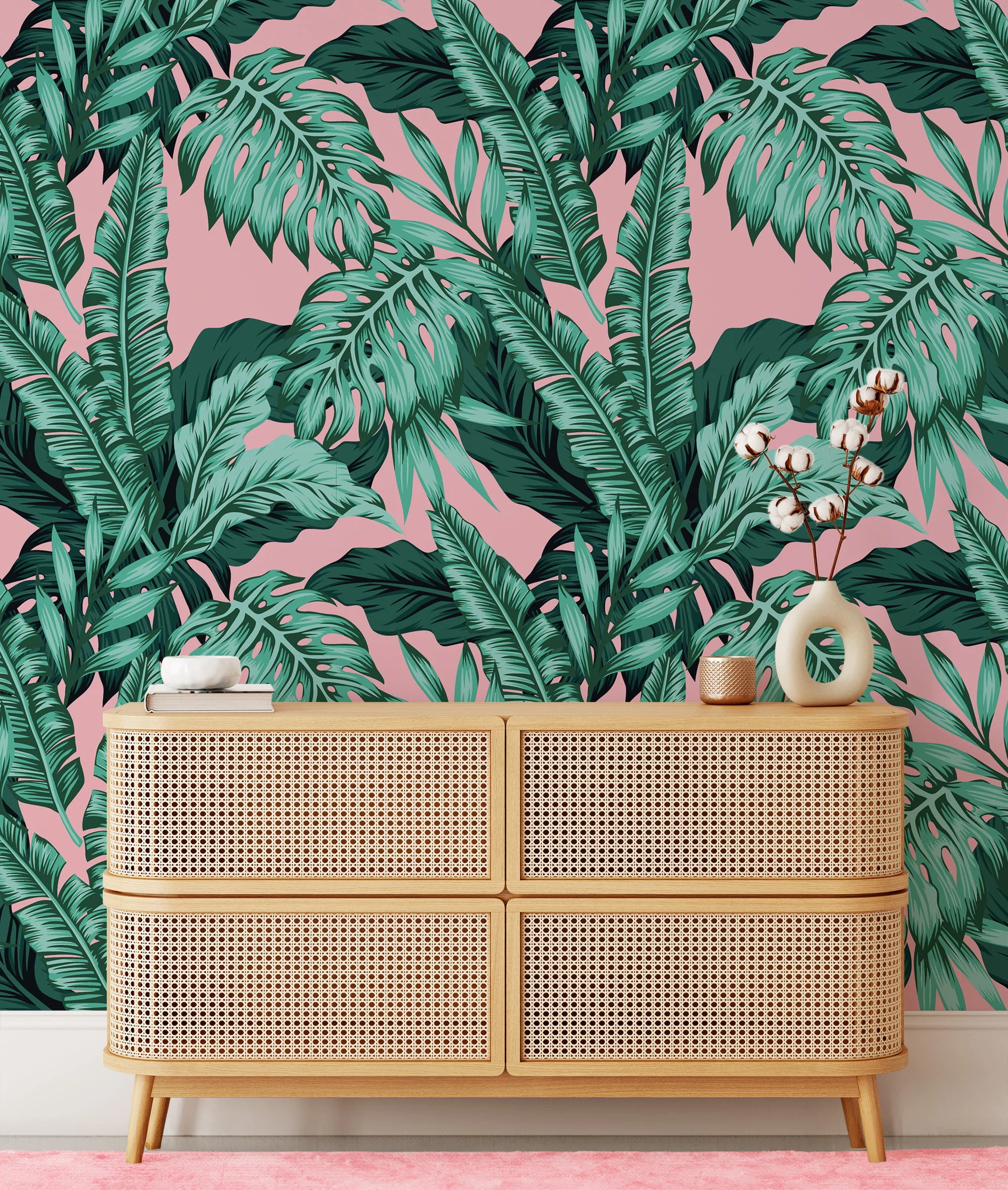 Tropical Leaves With A Pink Background Illustration Wallpaper, Tropical Paradise Peel & Stick Wall Mural