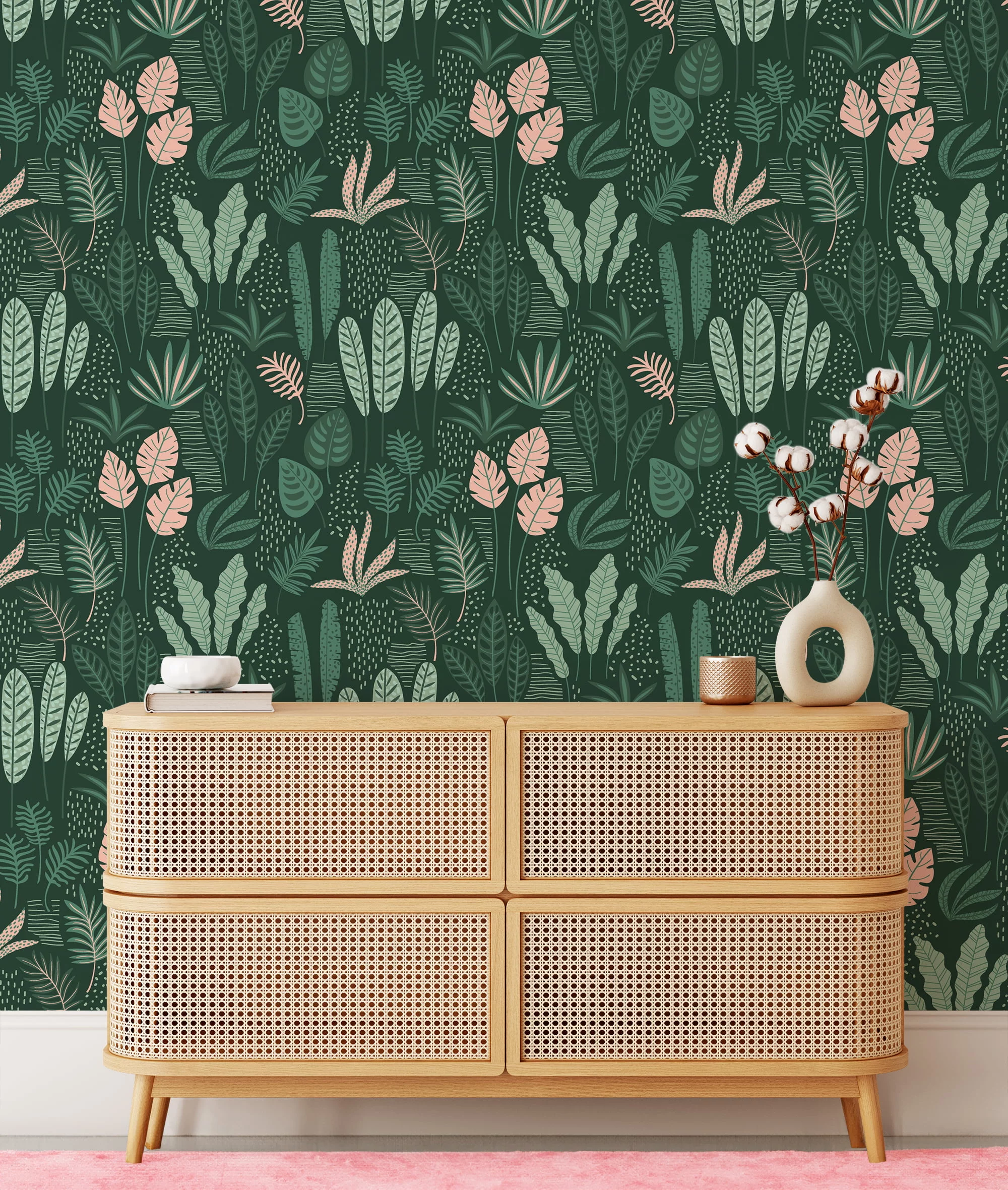 Flat Art Green Leaves And Branches Illustration Wallpaper, Chic Tropical Leaf Design Peel & Stick Wall Mural