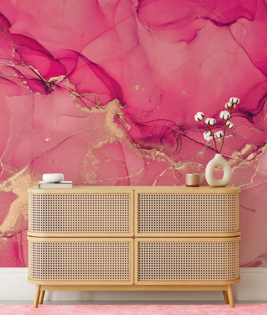 Pink Rose Gold Marble Ink Art Wallpaper, Luxe Pink And Gold Peel & Stick Wall Mural