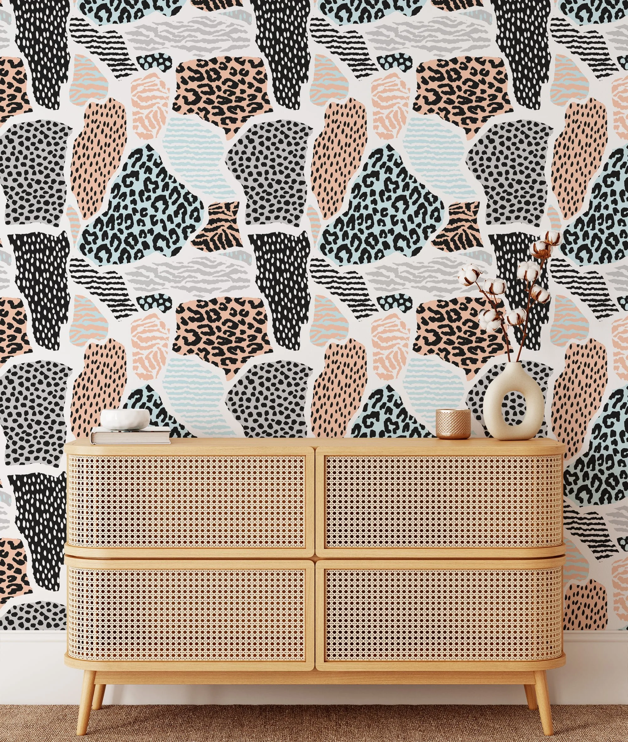 Abstract Leopard Print Illustration Wallpaper, Animal Monochrome & Brown Wall Design Peel & Stick Wall Mural