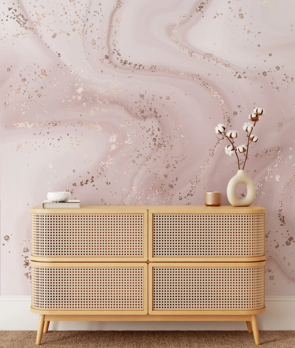 Nude Rose Gold Wavy Marble Effect Wallpaper, Whispering Blush Marble Peel & Stick Wall Mural