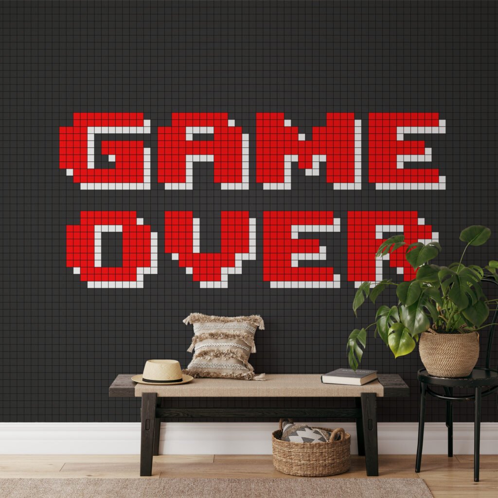 Game Over Video Game Pixel Art Wallpaper, Nostalgic Gamer Wall Decor Peel & Stick Wall Mural