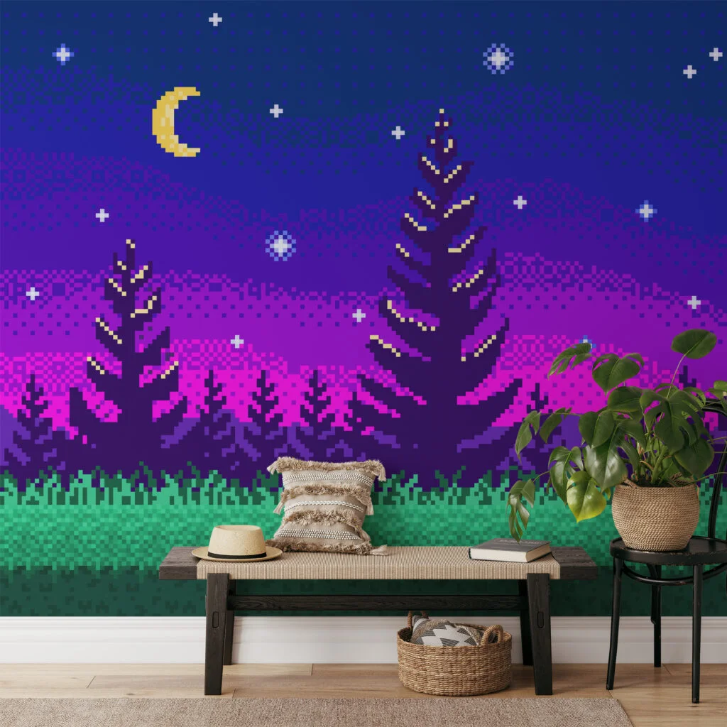 Pixel Art Night Trees With Purple Gradient Background Wallpaper, Pixelated Starry Night Forest Peel & Stick Wall Mural