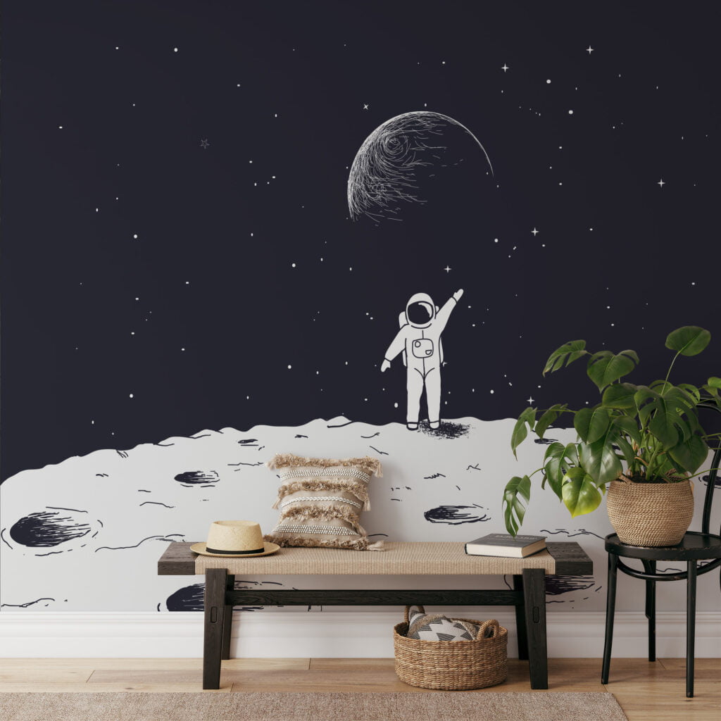 Black And White Astronaut In Space Illustration Wallpaper, Astronaut Gazing At Galaxy Peel & Stick Wall Mural