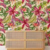 Tropical Colorful Floral Illustration With Butterflies Wallpaper, Exotic Botanical Peel & Stick Wall Mural