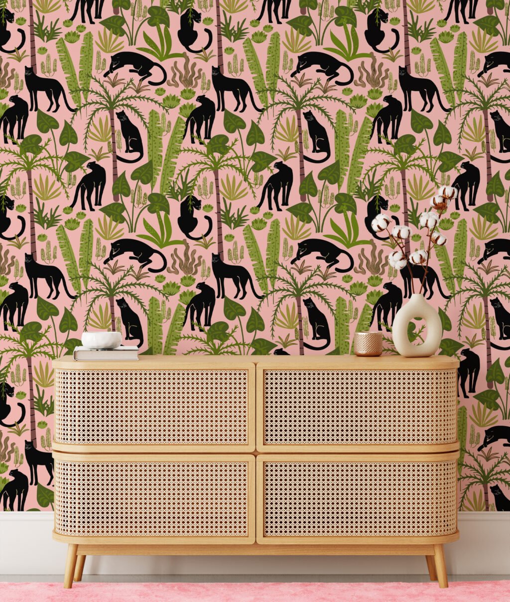 Flat Art Pink Jungle With Panthers Illustration Wallpaper, Prowling Black Panthers Peel & Stick Wall Mural