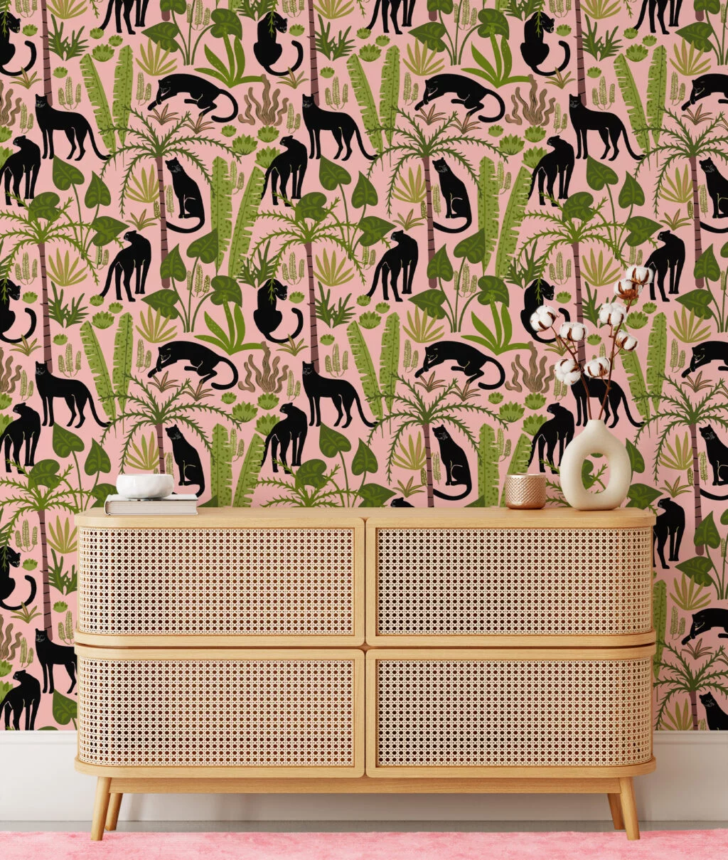 Flat Art Pink Jungle With Panthers Illustration Wallpaper, Prowling Black Panthers Peel & Stick Wall Mural