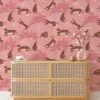 Flat Art Pink Tropical Trees With Tigers Illustration Wallpaper, Whimsical Kids Tropical Peel & Stick Wall Mural