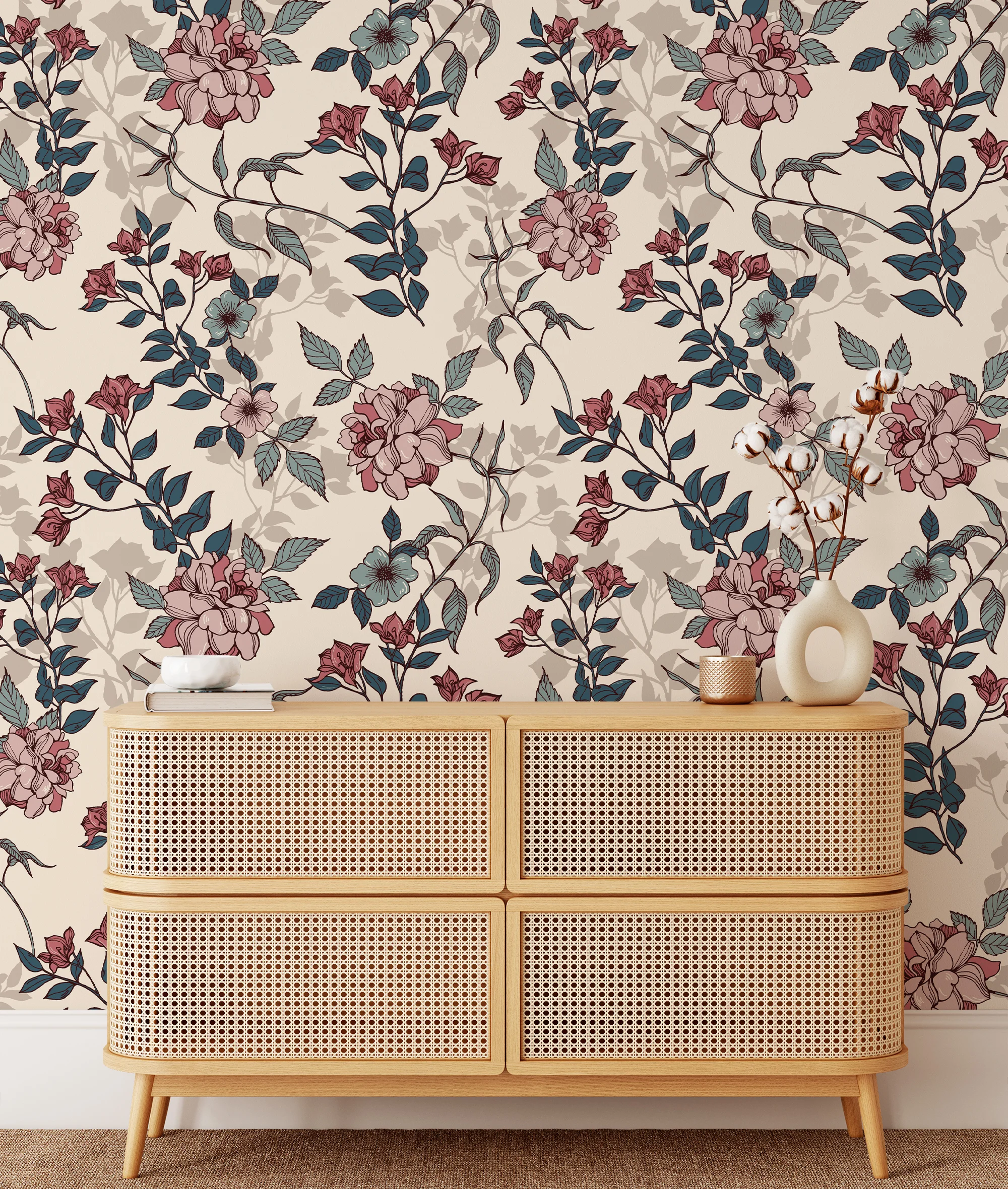 Vintage Flowers Illustration Pattern Wallpaper, Vintage Floral Charm Peel & Stick Wall Mural