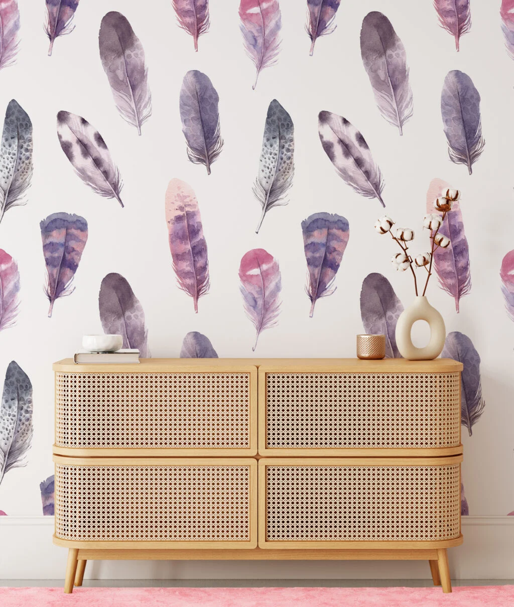 Watercolor Pastel Feathers Pattern Wallpaper, Whispering Soft Feathers Peel & Stick Wall Mural