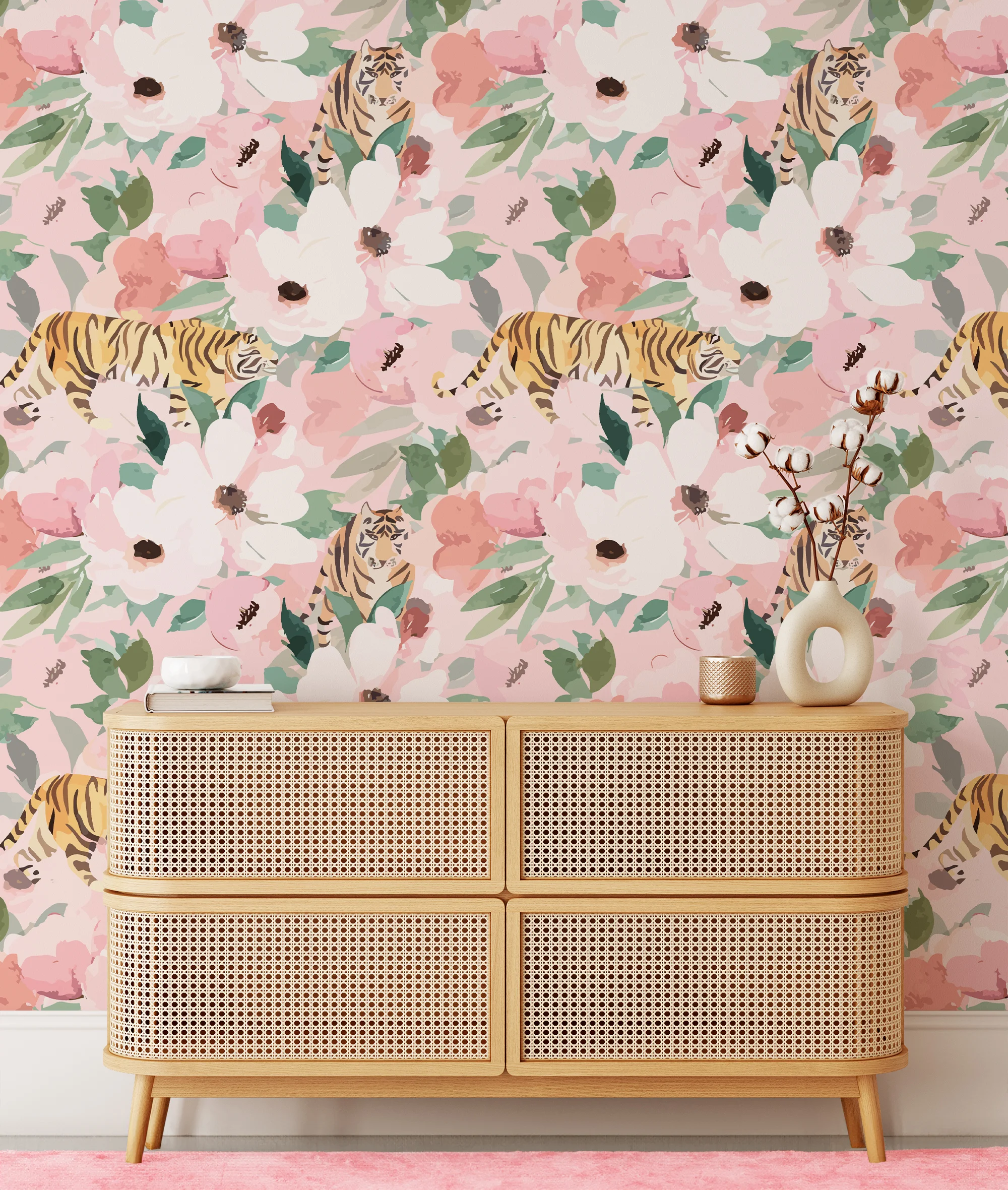 Watercolor Style Flowers With Tigers Wallpaper, Whimsical Pastel Pink Jungle Peel & Stick Wall Mural