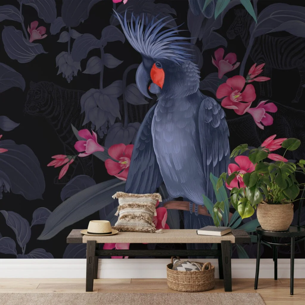 Dark Midnight Blue Large Parrot With Pink Flowers Wallpaper, Elegant Tropical Peel & Stick Wall Mural