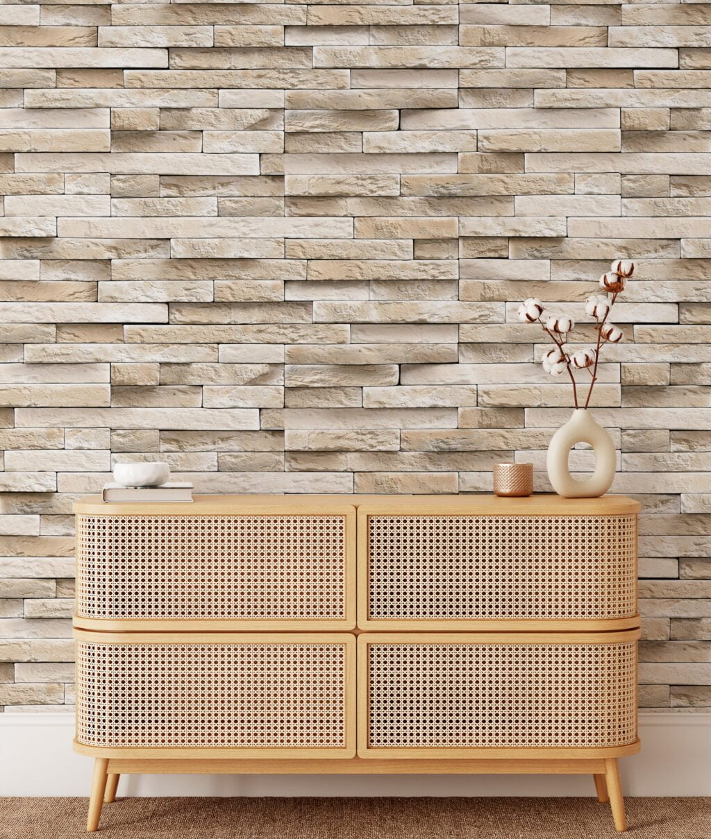 Beige Stone Brick Wall Wallpaper, Classic Limestone Brick Faux Peel & Stick Wall Mural