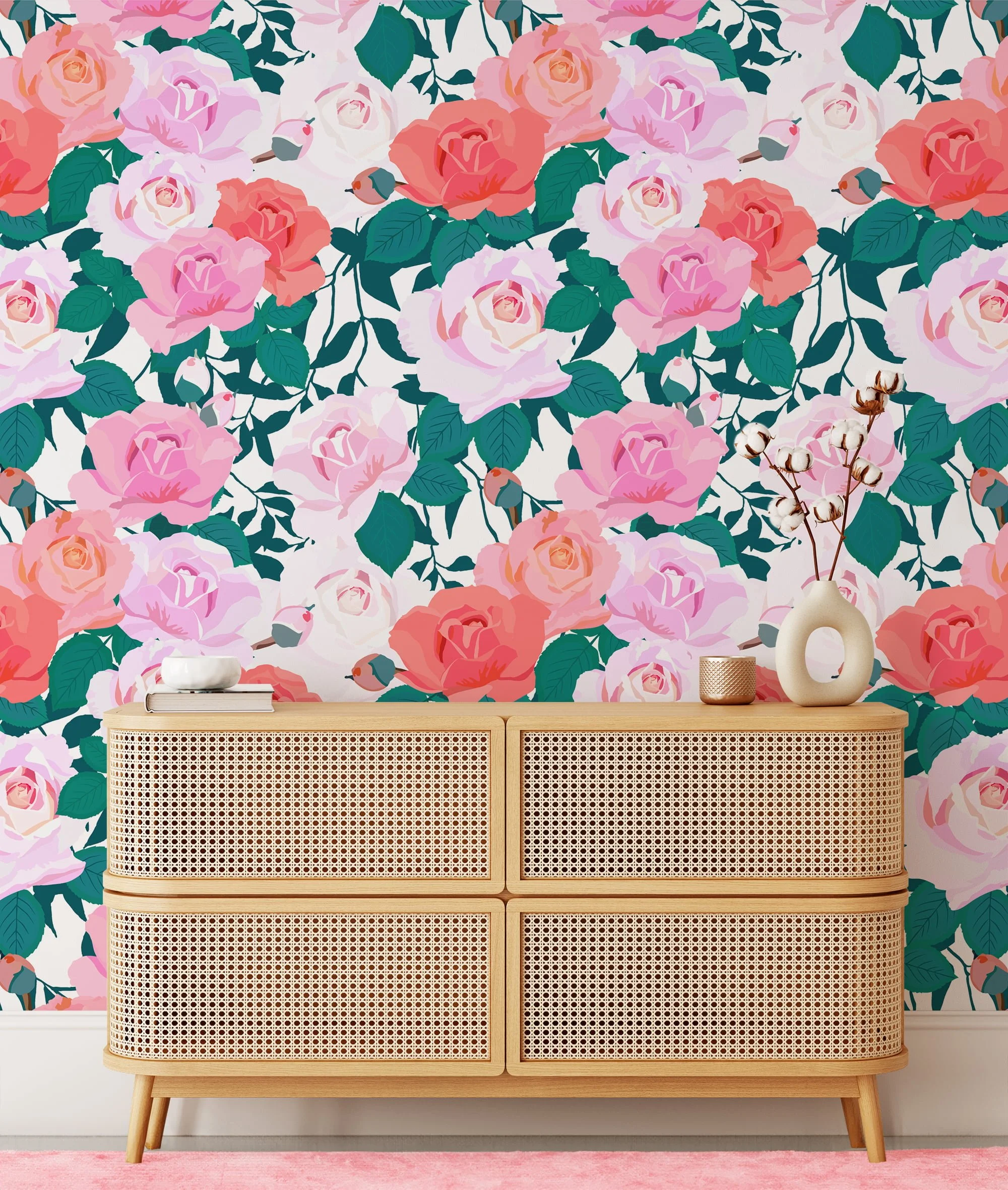 Floral Roses Flat Art Illustration Wallpaper, Romantic Rose Garden Peel & Stick Wall Mural