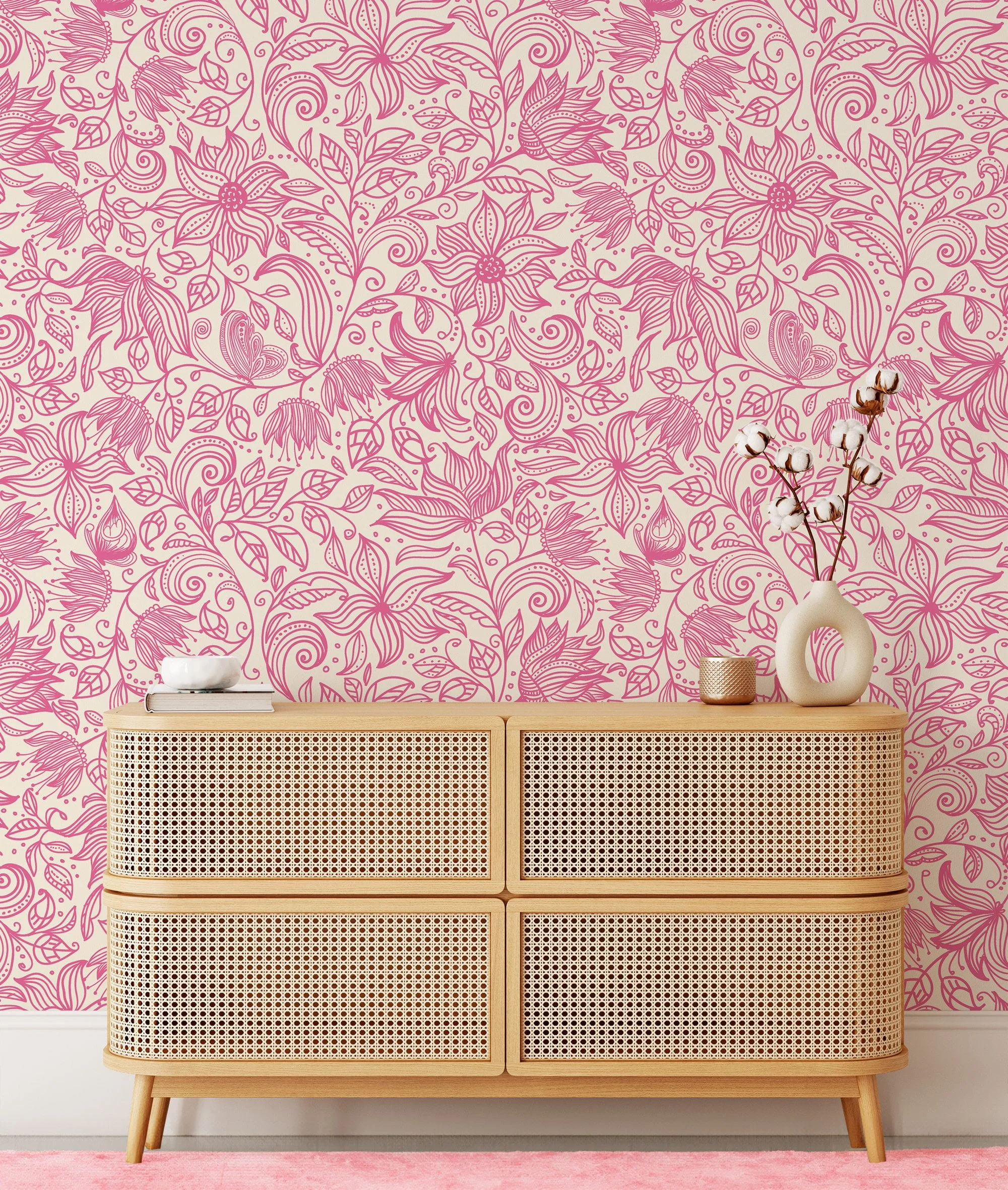 Pink Floral Line Art Paisley Pattern Wallpaper, Elegant Swirls and Blossoms Peel & Stick Wall Mural