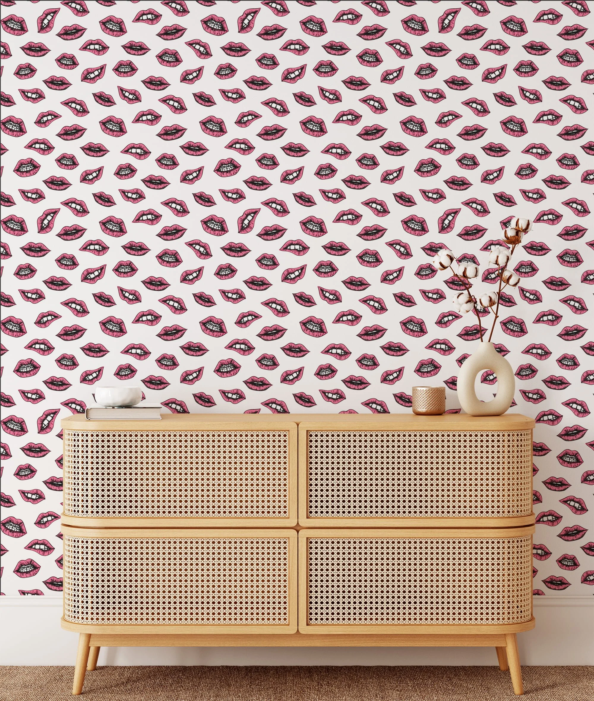 Retro Cartoon Mouths Illustration Wallpaper, Pink Lips Pattern Wallpaper, Line Art Kisses Peel and Stick Wall Mural