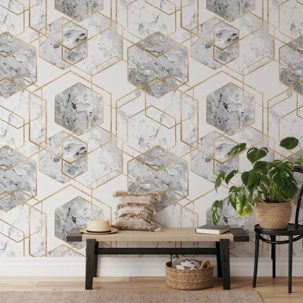 Geometric Wallpaper With Grey Watercolor Style Hexagons, Luxurious Gold Marble Peel & Stick Wall Mural