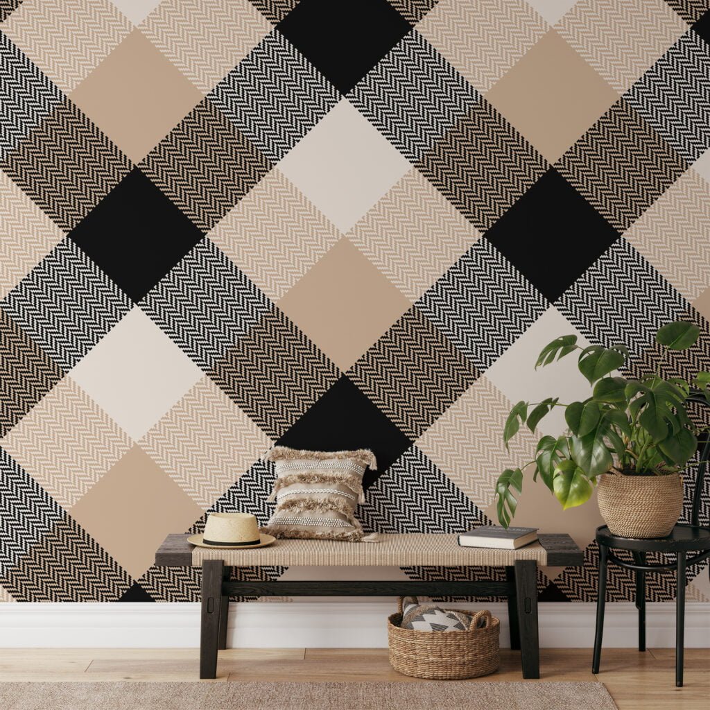 Beige And Black Checker Illustration Wallpaper, Contemporary Neutral Geometric Peel & Stick Wall Mural